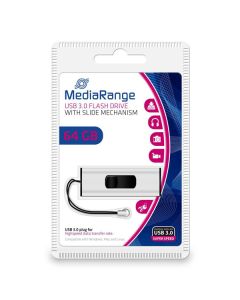 MediaRange USB flash disk, USB 3.0, 64GB, stříbrný, MR917, USB A, s poutkem, vysouvací