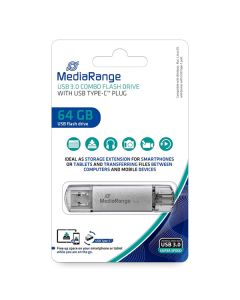 MediaRange USB flash disk, USB 3.0, 64GB, stříbrný, MR937, USB A / USB C, s krytkou