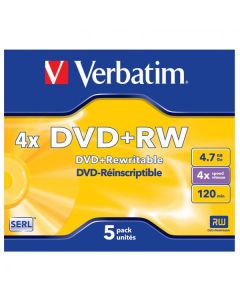 Verbatim DVD+RW, Matt Silver, 43229, 4.7GB, 4x, jewel box, 5-pack, bez možnosti potisku, 12cm, pro archivaci dat