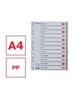 Rejstříky, šedá, A4, plast, Jan-Dec, ESSELTE