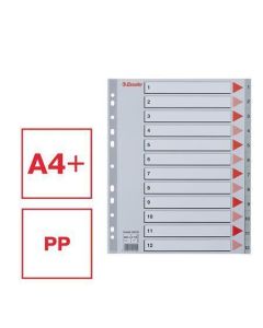 Barevné rejstříky, šedá, A4 Maxi, plast, 1-12, ESSELTE