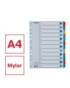 Zesílené rejstříky "Mylar", mix barev, karton, A4, 1-12, ESSELTE