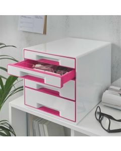 Zásuvkový box "Wow Cube", bílá/růžová, 4 zásuvky, LEITZ