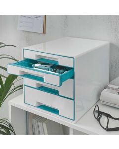 Zásuvkový box "Wow Cube", bílá/ledově modrá, 4 zásuvky, LEITZ