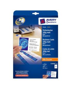 Avery Zweckform vizitky, s hladkým okrajem, 10ks/A4 typ matné, bílé, A4, 185 g/m2, 85x54mm, 10 listů, pro inkoustové a laserové ti