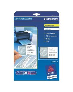 Avery Zweckform vizitky, s hladkým okrajem, 10ks/A4 typ matné, bílé, A4, 185 g/m2, 85x54mm, 25 listů, pro inkoustové a laserové ti