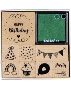Razítka, narozeniny, dřevo, sada, 9 ks, FOLIA 31104