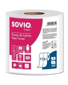 Papírové utěrky, bílá, 2-vrstvé, 110 m, průměr 20 cm, 1 role, SOVIO PP201048