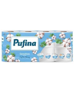 Toaletní papír "Sensitive Aquabond", bez parfemace, 3-vrstvý, 8 rolí, PUFINA PP20807