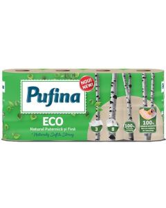 Toaletní papír "Eco", nebělený, bez chemických látek, 3-vrstvý, 8 rolí, PUFINA PP21042