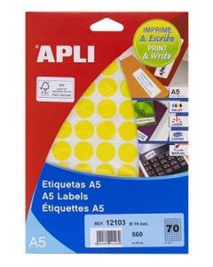 Etikety, kruhové, žlutá, průměr 19mm, 560 ks/bal., A5, APLI
