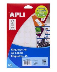 Etikety, kruhové, bílá, průměr 19 mm, 1050 ks/bal., A5, APLI 01853