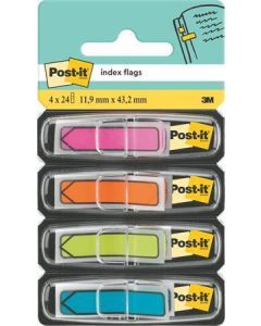 Samolepicí záložky se zásobníkem, mix neonových barev, 12 x 43 mm, 4x 24 listů, tvar šipky, 3M POSTI