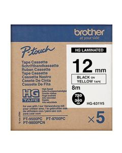 Brother originální páska do tiskárny štítků, Brother, HGE-631, černý tisk/žlutý podklad, 8m, 12mm, 5 ks v balení, cena za balení