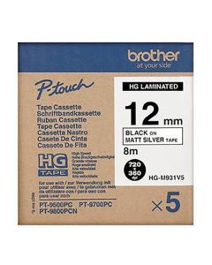 Brother originální páska do tiskárny štítků, Brother, HGE-M931, černý tisk/stříbrný matný podklad, 8m, 12mm, 5 ks v balení, cena z