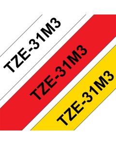 Brother originální páska do tiskárny štítků, Brother, TZE-31M3, černý tisk/červený, bílý, žlutý podklad, laminovaná, 8m, 12mm, 3ks