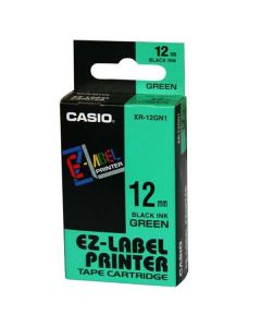 Casio originální páska do tiskárny štítků, Casio, XR-12GN1, černý tisk/zelený podklad, nelaminovaná, 8m, 12mm