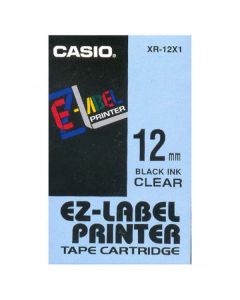 Casio originální páska do tiskárny štítků, Casio, XR-12X1, černý tisk/průhledný podklad, nelaminovaná, 8m, 12mm