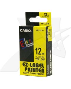 Casio originální páska do tiskárny štítků, Casio, XR-12YW1, černý tisk/žlutý podklad, nelaminovaná, 8m, 12mm