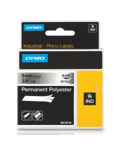 Dymo originální páska do tiskárny štítků, Dymo, 18485, S0718170, černý tisk/metalický podklad, 5.5m, 9mm, RHINO permanentní polyes