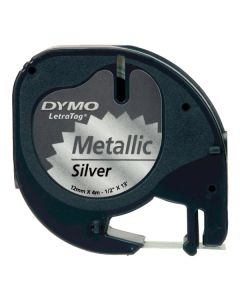 Dymo originální páska do tiskárny štítků, Dymo, S0721730, černý tisk/stříbrný podklad, 4m, 12mm, LetraTag metalická páska