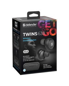 Defender Twins 638 sluchátka s mikrofonem, bezdrátová, černá, špuntová, BT 5.0, TWS, nabíjecí pouzdro typ bluetooth, DOPRODEJ