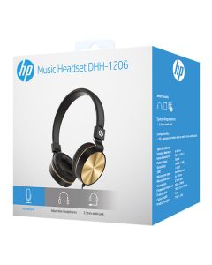 HP DHH-1206 Black sluchátka s mikrofonem, drátová, černo-zlatá, klasická typ 3,5mm jack