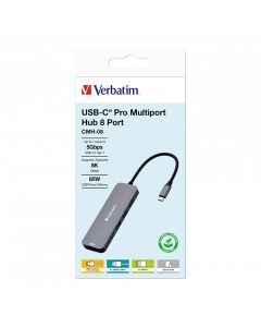 USB (3.2) hub 8-port, 32151, šedá, délka kabelu 15cm, Verbatim, 1x USB C, 3x USB A, 2x HDMI, 1x SD 3.0