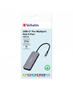 USB (3.2) hub 9-port, 32152, šedý, délka kabelu 15cm, Verbatim, 2x USB C, 3x USB A, 1x HDMI, čtečka SD a microSD