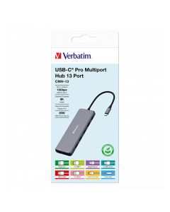 USB (3.2) hub 13-port, 32153, šedý, délka kabelu 20cm, Verbatim, 2x USB C, 6x USB A, 2x HDMI
