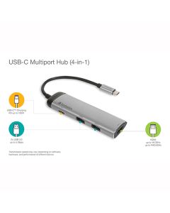 USB (3.1) hub 4-port, 49140, šedá, délka kabelu 15cm, Verbatim, adaptér USB C na 1x USB C, 1x USB A(3.0), 1x HDMI