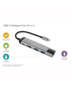 USB (3.1) hub 5-port, 49141, šedá, délka kabelu 15cm, Verbatim, adaptér USB C na USB C, 1x USB A, HDMI, ETHERNET