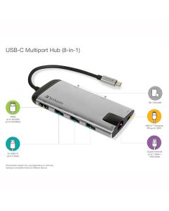 USB (3.1) hub 6-port, 49142, šedá, délka kabelu 15cm, Verbatim, 1x USB C, USB A, HDMI, Ethernet, čtečka SD