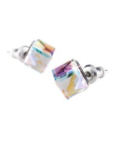 Náušnice, kostka, duhový opál s krystalem SWAROVSKI, 6 mm, ART CRYSTELLA 1800XKC010