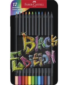 Barevné pastelky "Black Edition", 12 barev, trojhranné, kovová krabička, FABER-CASTELL 116413