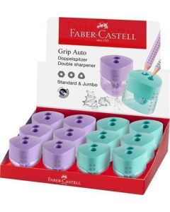 Ořezávátko "GRIP Auto", displej/12 ks, pastelové barvy, 2 otvory, se zásobníkem, FABER-CASTELL