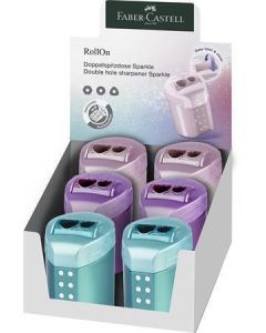 Ořezávátko "RollOn Sparkle", displej/6 ks, metalické barvy, 2 otvory, se zásobníkem, FABER-CASTELL