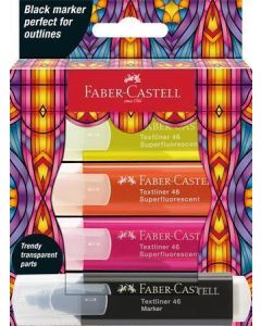 Zvýrazňovač "Glassy", 3 různé neonové barvy + černá, FABER-CASTELL 254693