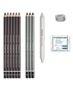 Uhlíkové tužky "Design Journey Lumograph", sada s pryží, ořezávátkem, grafit. Tužkami, STAEDTLER