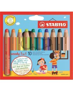 Barevné pastelky "Woody", 10ks, 3v1 – pastelka, vodovka, voskovka,  STABILO