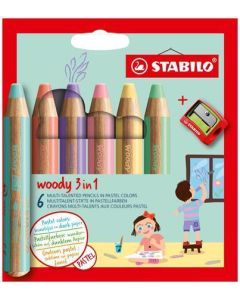Barevné pastelka "Woody", 6 pastelových barev, maxi, 3v1 – pastelka, vodovka, voskovka, STABILO 8806
