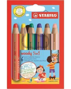 Barevné pastelky "Woody", 6 barev, maxi, 3v1 – pastelky, vodovka, voskovka, STABILO