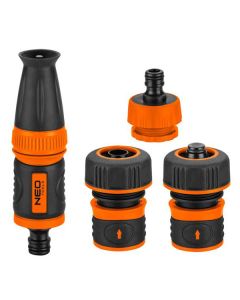 NEO TOOLS sada rozprašovač, 2 rychlospojky přípojka na kohoutek, 3/4", oranžovo-černá, 15-711