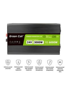 Green Cell PowerInverter LCD 24 V 3000W/60000W měnič napětí do auta s displejem - čistá sinusová křivka