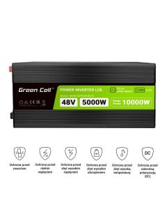 Green Cell PowerInverter LCD 48V 5000W/10000W měnič napětí do auta s displejem - čistá sinusová křivka
