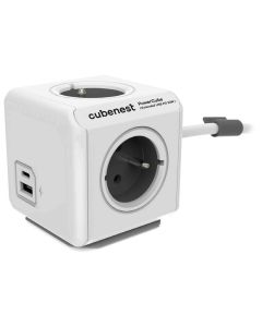 Cubenest Powercube Extended USB PD 20W, A+C, 4× zásuvka, 3m, bílá/šedá,  dětská pojistka, uzemnění, dok, 10A/250V