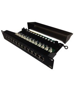 XtendLan Patch panel 10", 12 portů, 1U, Cat6, stíněný, LSA, s krytem, vodorovné umístění konektorů, zemnič, černý