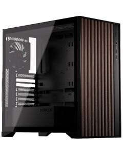 Krux skříň Palum / ATX / 2x120 mm fan / 2xUSB 2.0 / USB-C / dřevěné elementy / temperované sklo / černá