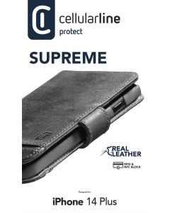 Prémiové kožené pouzdro typu kniha Cellularline Supreme pro Apple iPhone 14 Plus, černé