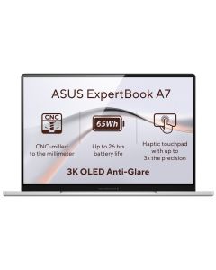 ASUS ExpertBook A7/ Core 5 320/ 16GB DDR5/ 512GB SSD/ Intel Graphics/ 14"WQXGA+, OLED/ W11H/ stříbrný/ 3y onsite NBD